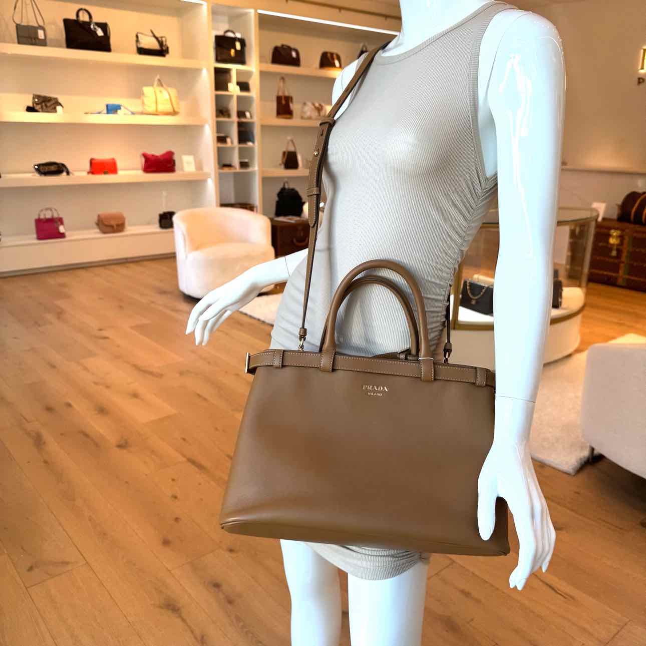 PRADA Calf Leather Medium Buckle Tote Caramel