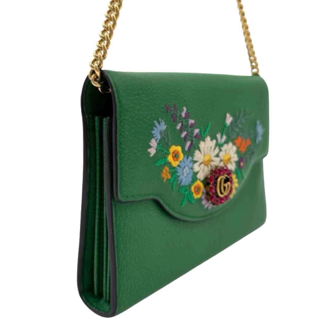 GUCCI Leather Linea Ricami Floral Embroidered Chain Bag Green