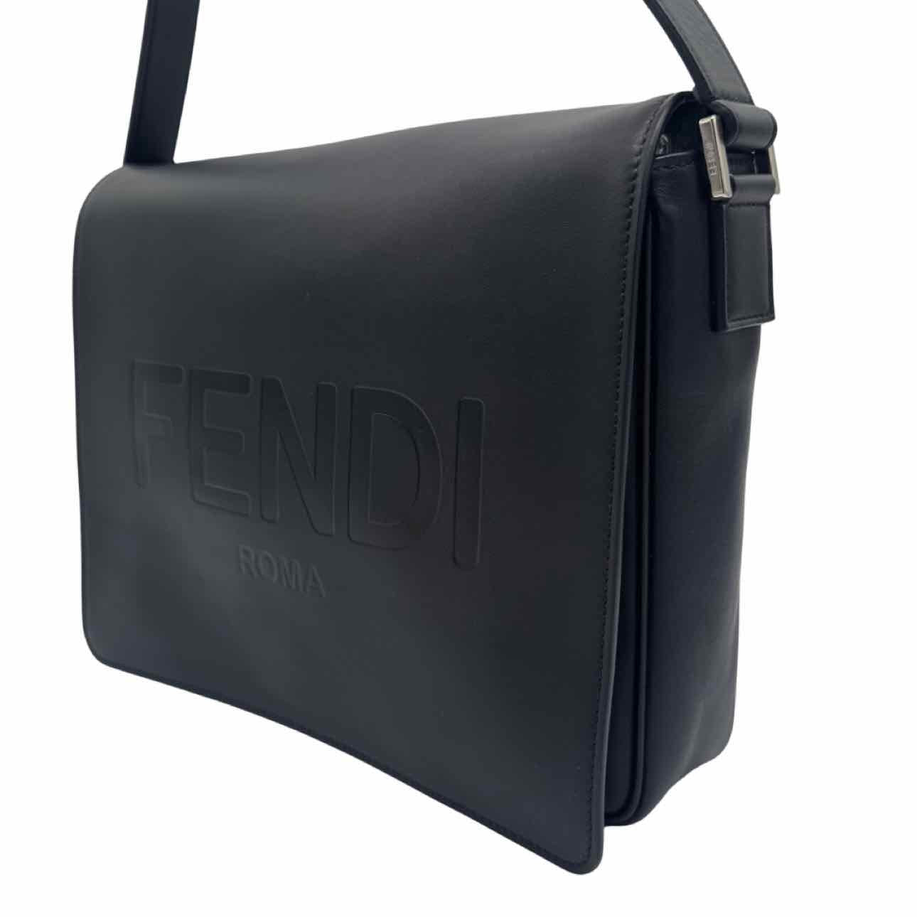FENDI Calfskin Debossed Classic Logo Messenger Bag Black