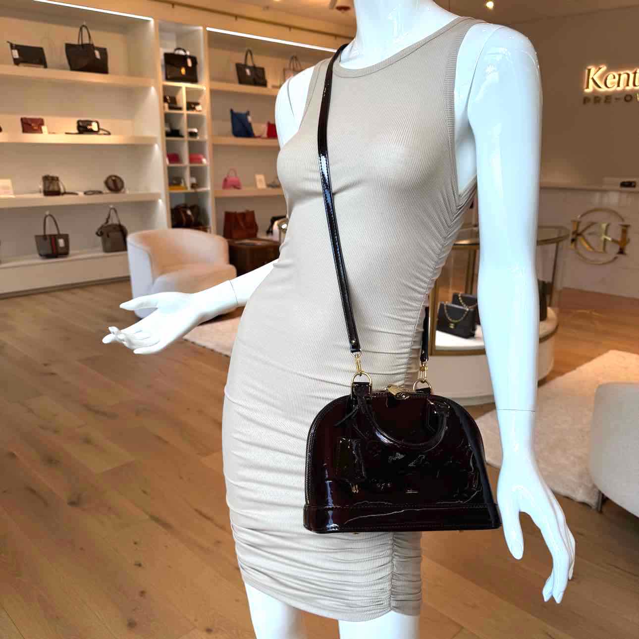 LOUIS VUITTON Monogram Vernis BB Alma Tote Amarante