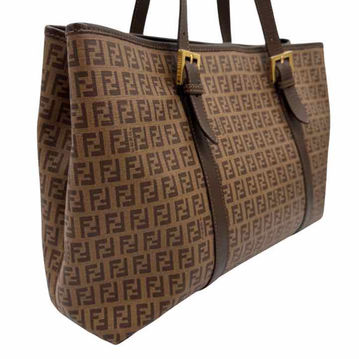 FENDI Zucchino Spalmati Vitello Shoulder Tote Brown (Pre-Owned)