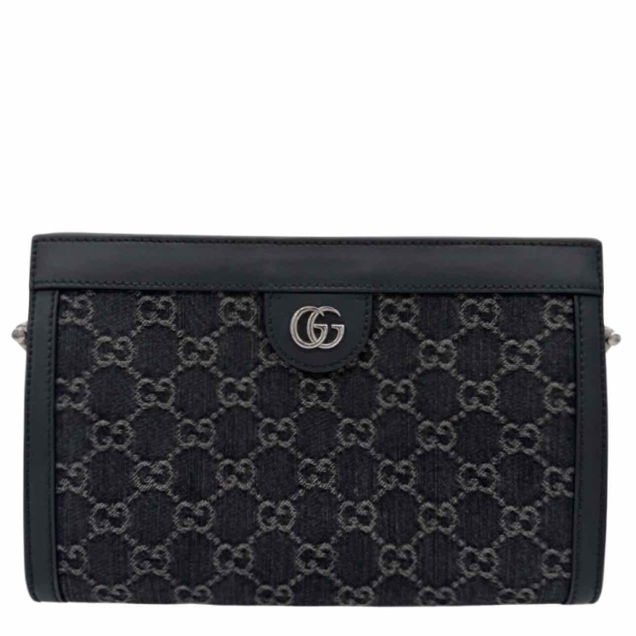 GUCCI Monogram Jacquard Denim Chain Shoulder Bag Black