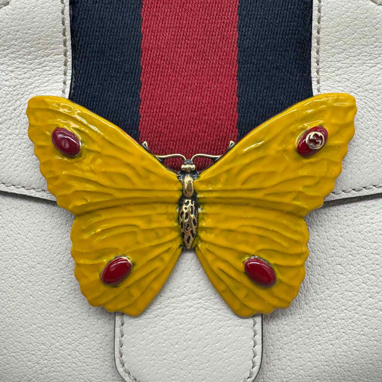 GUCCI Grained Calfskin Web Stripe Butterfly Totem Handbag Beige (Pre-Owned)