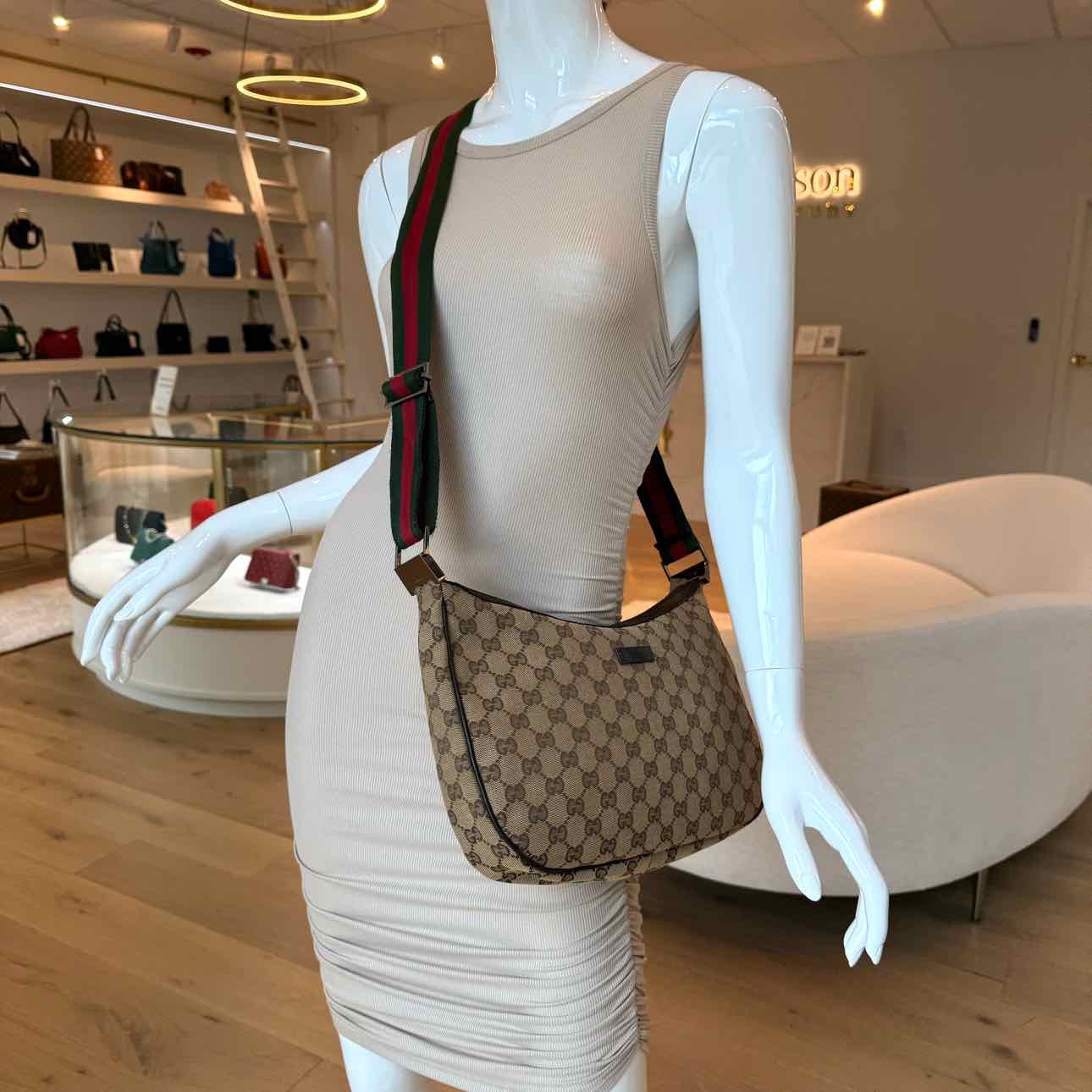 GUCCI Monogram Canvas Web Medium Half Moon Hobo (Pre-Owned)