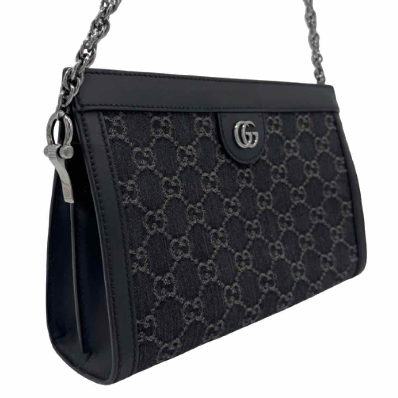 GUCCI Monogram Jacquard Denim Chain Shoulder Bag Black
