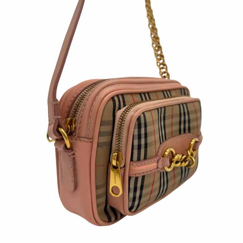 BURBERRY Smooth Calfskin 1983 Knight Check Link Camera Bag Peach