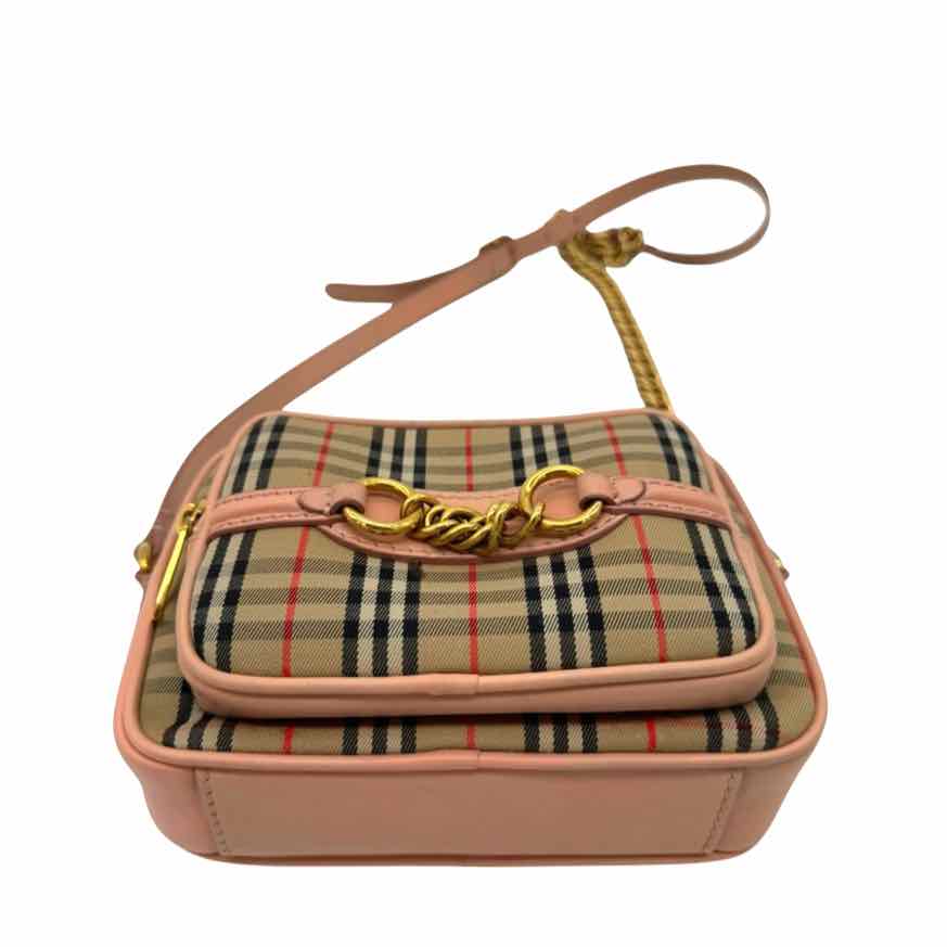 BURBERRY Smooth Calfskin 1983 Knight Check Link Camera Bag Peach