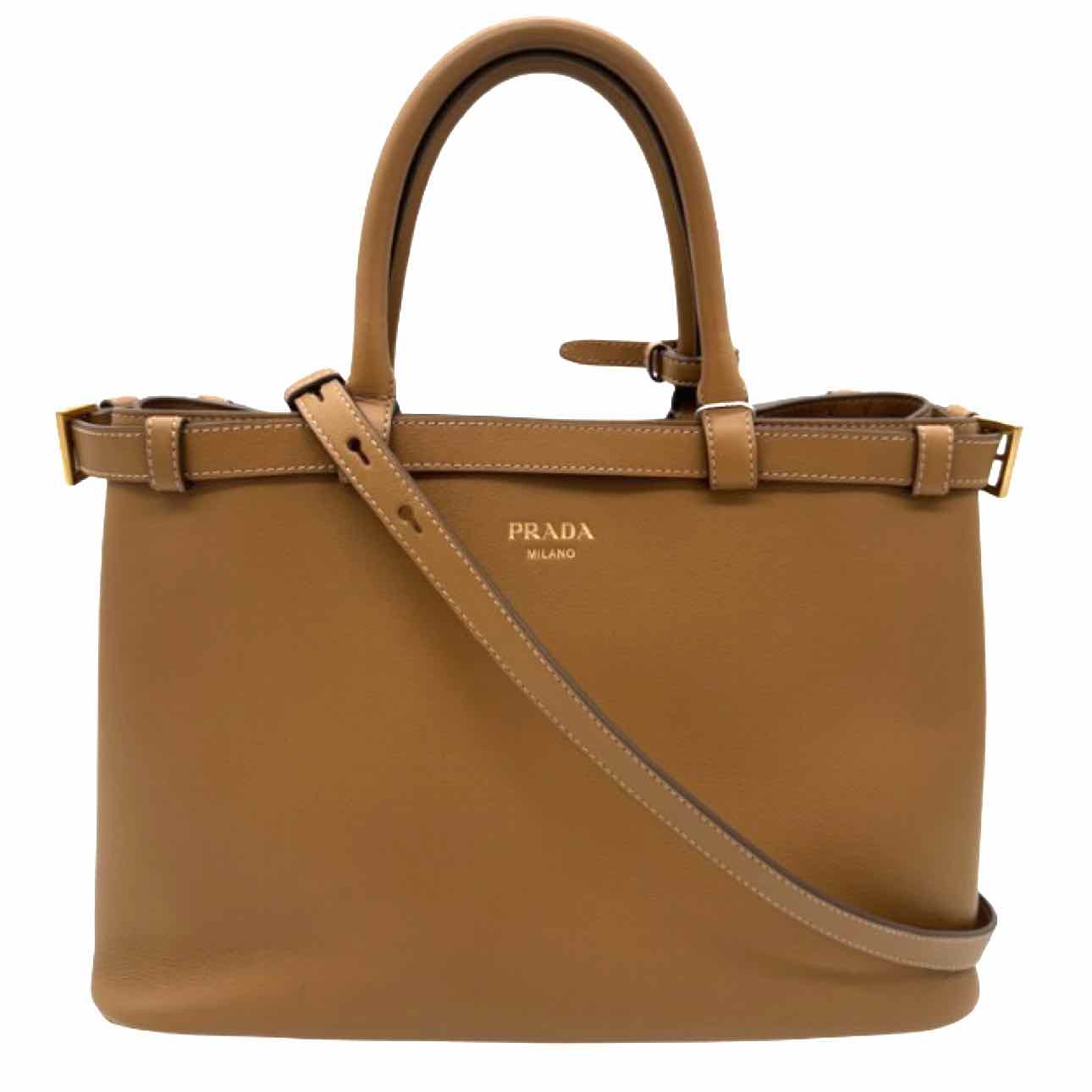 PRADA Calf Leather Medium Buckle Tote Caramel