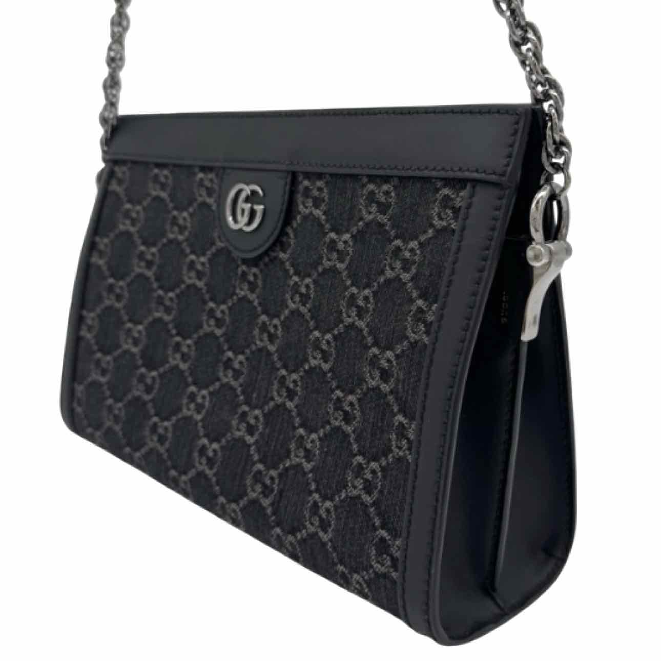 GUCCI Monogram Jacquard Denim Chain Shoulder Bag Black