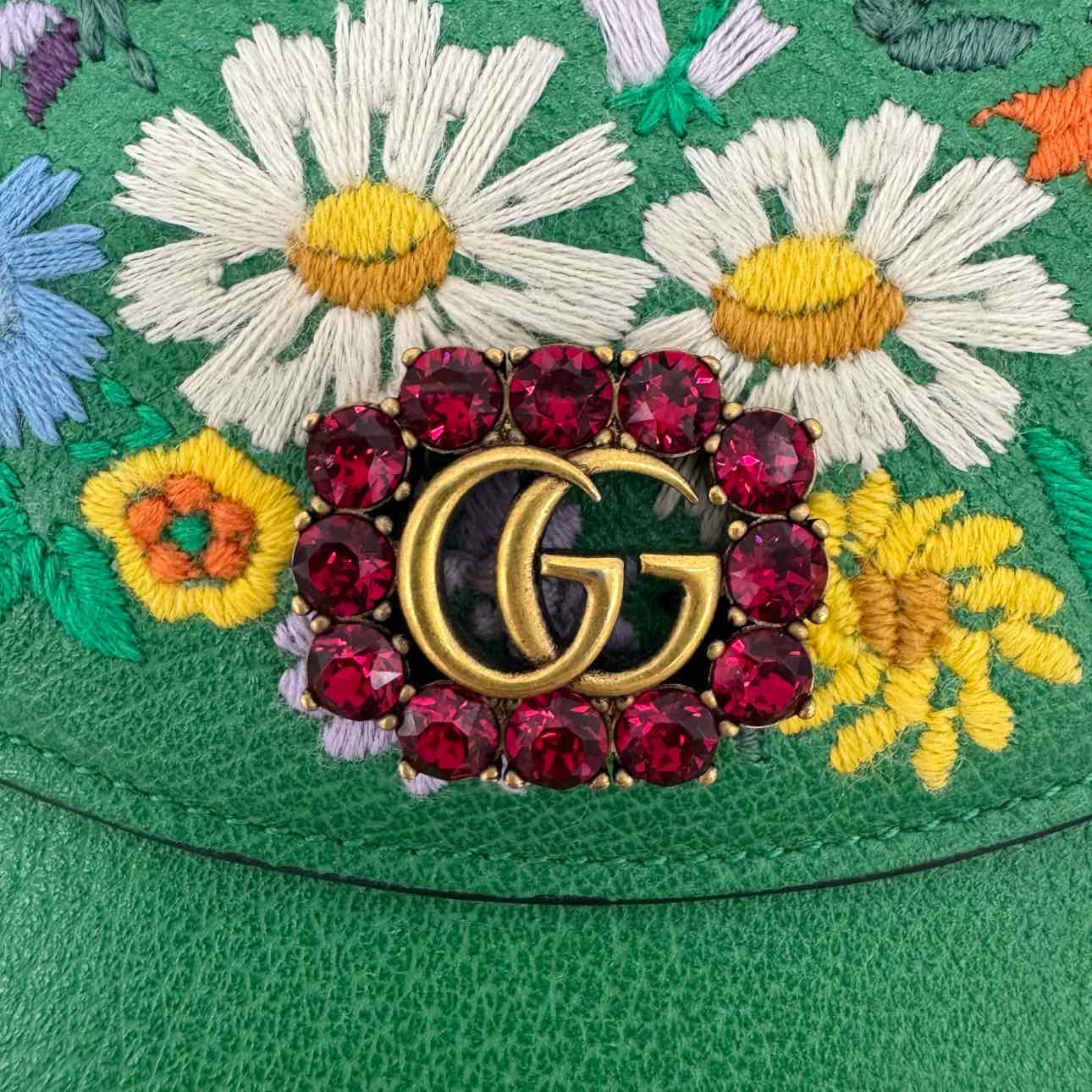 GUCCI Leather Linea Ricami Floral Embroidered Chain Bag Green