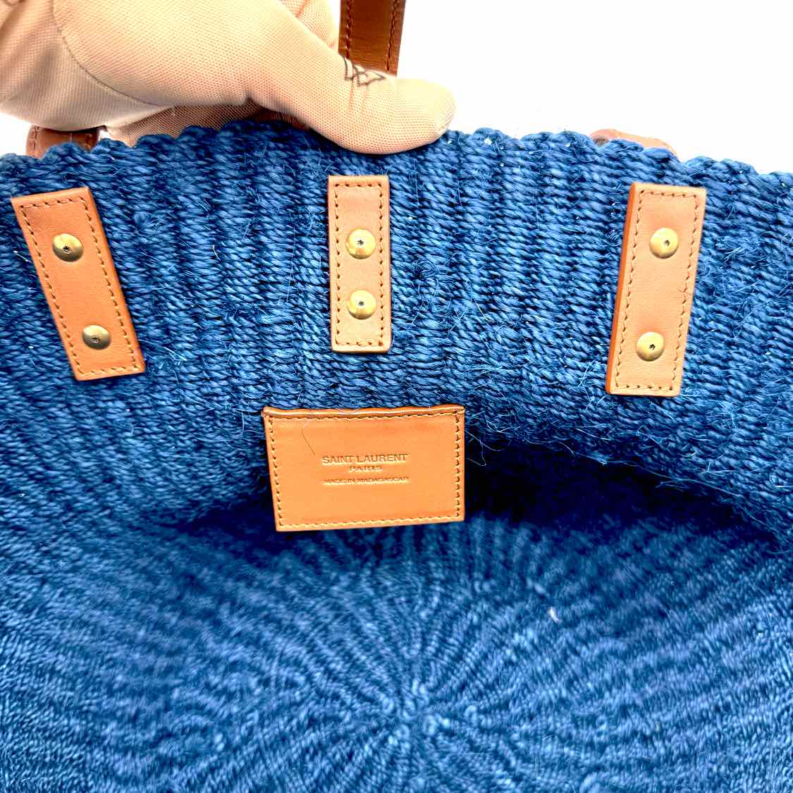 SAINT LAURENT Small Panier Raffia Bag Blue GHW (Pre-Owned)