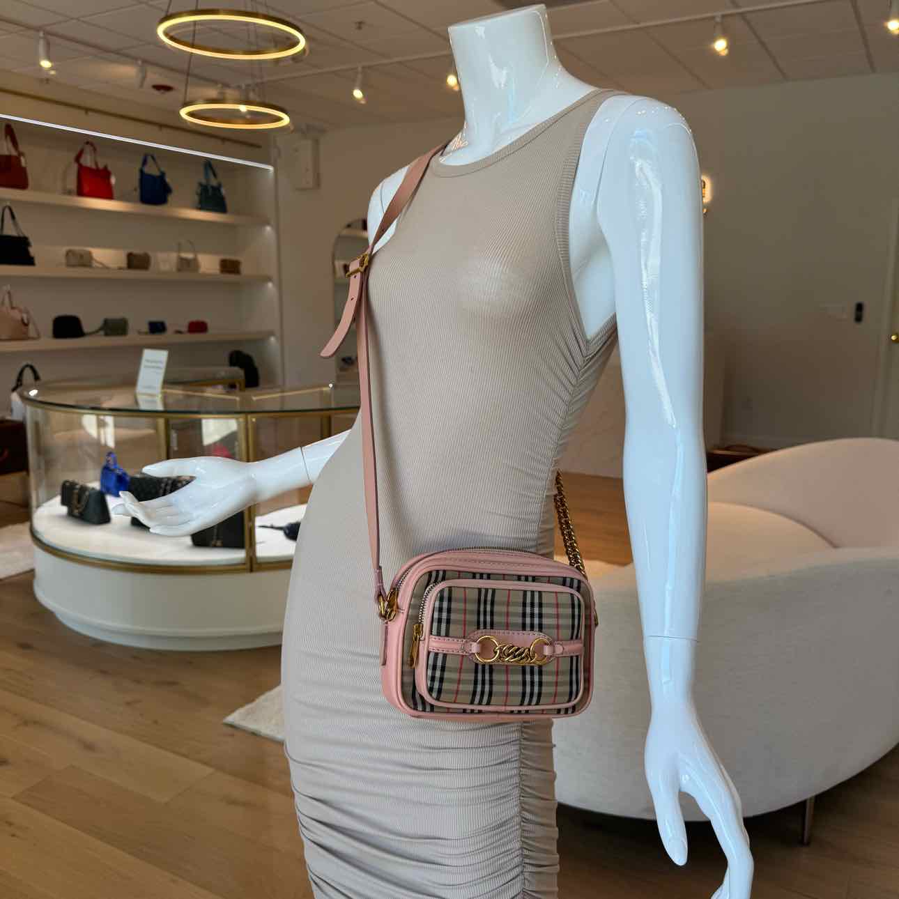 BURBERRY Smooth Calfskin 1983 Knight Check Link Camera Bag Peach (Pre-Owned)