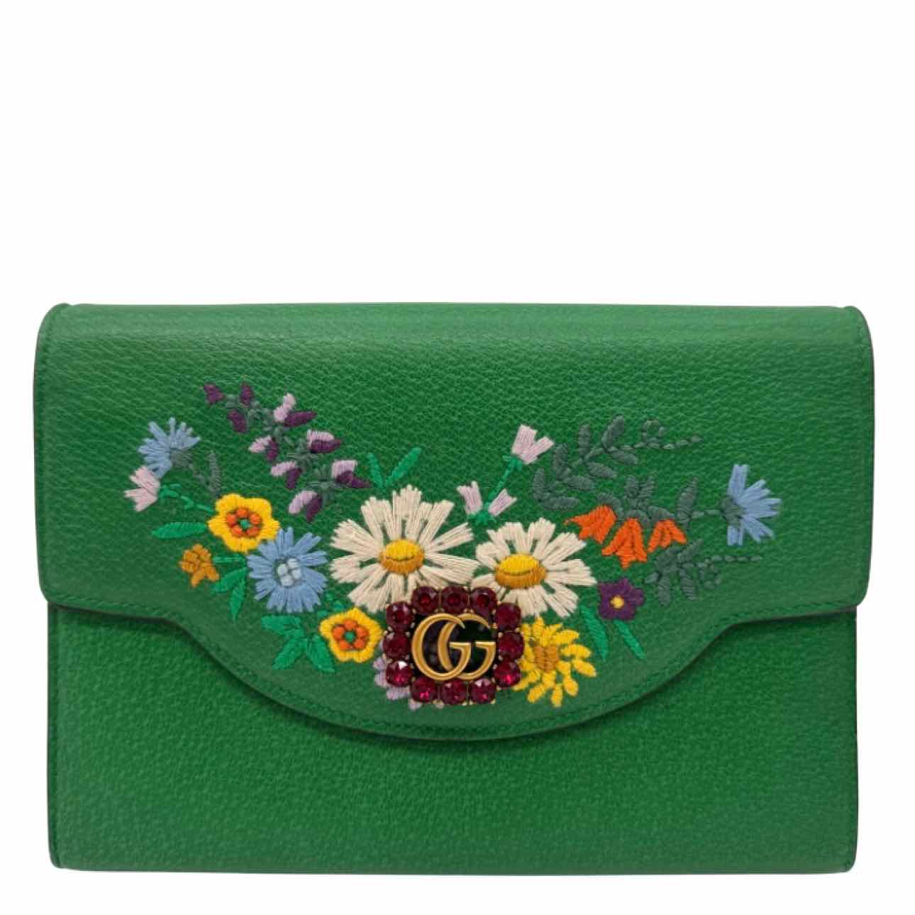 GUCCI Leather Linea Ricami Floral Embroidered Chain Bag Green