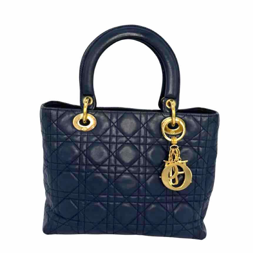 DIOR Cannage Leather Medium Lady Dior Navy Blue Handbag