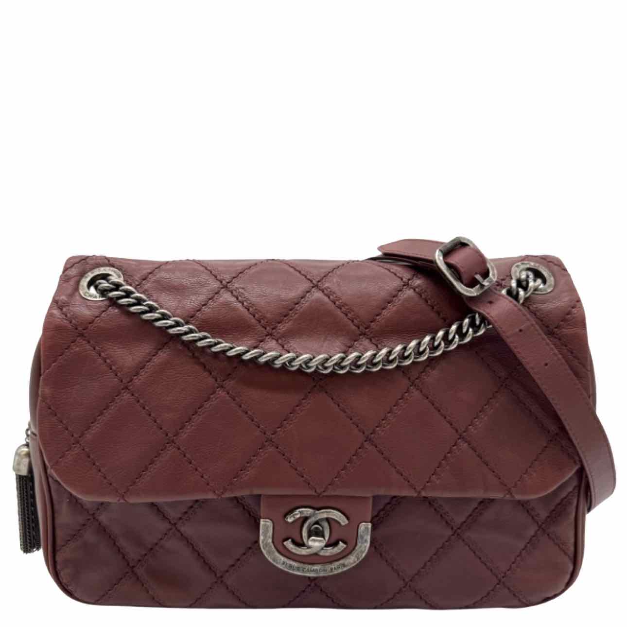 CHANEL Diamond Quilted Calfskin Paris Edinburgh Coco Flap Bag Burgundy