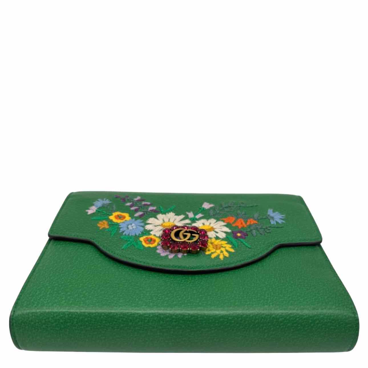 GUCCI Leather Linea Ricami Floral Embroidered Chain Bag Green