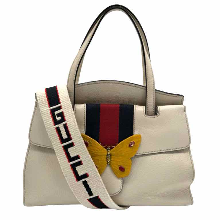 GUCCI Grained Calfskin Web Stripe Butterfly Totem Handbag Beige (Pre-Owned)