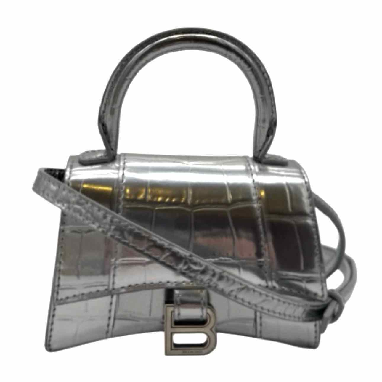 BALENCIAGA Leather Hourglass XS Top Handle Silver