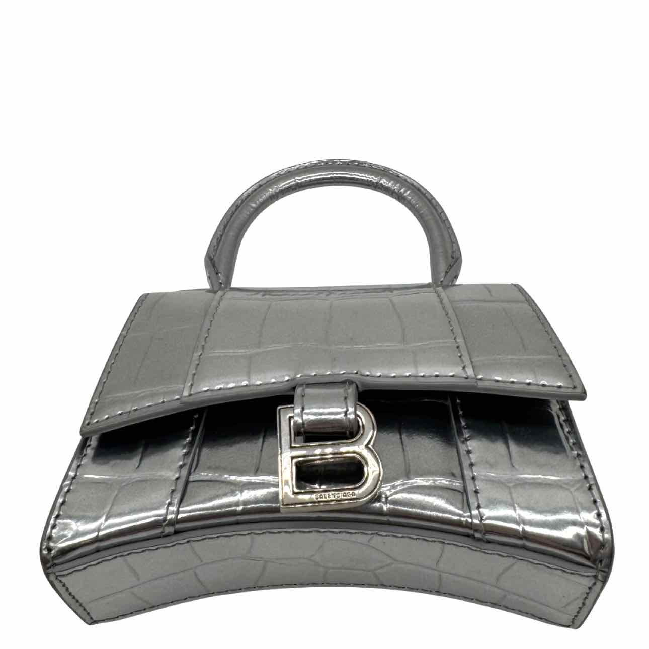 BALENCIAGA Leather Hourglass XS Top Handle Silver