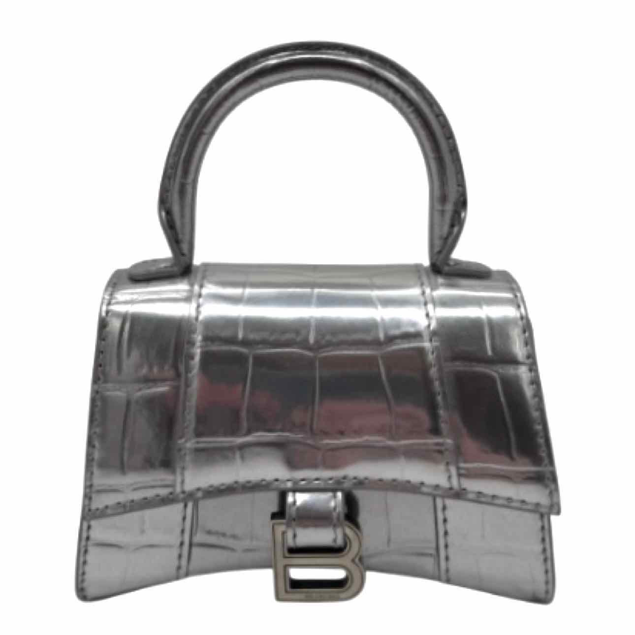 BALENCIAGA Leather Hourglass XS Top Handle Silver