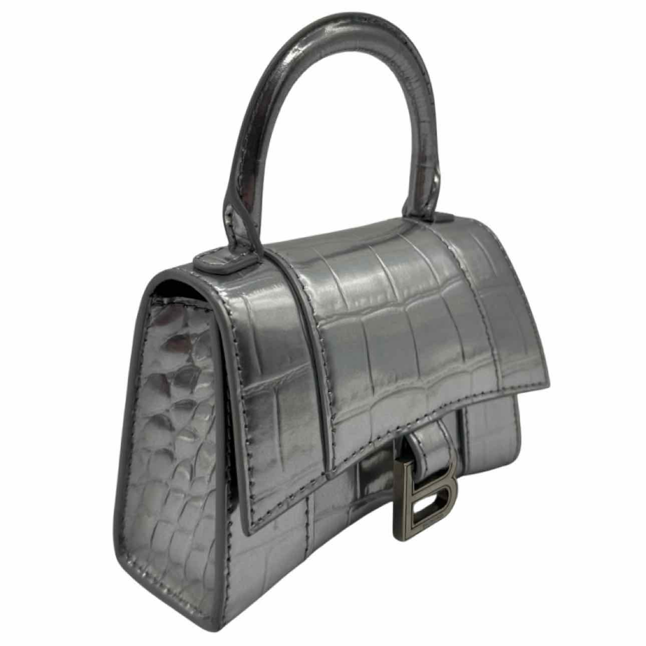 BALENCIAGA Leather Hourglass XS Top Handle Silver