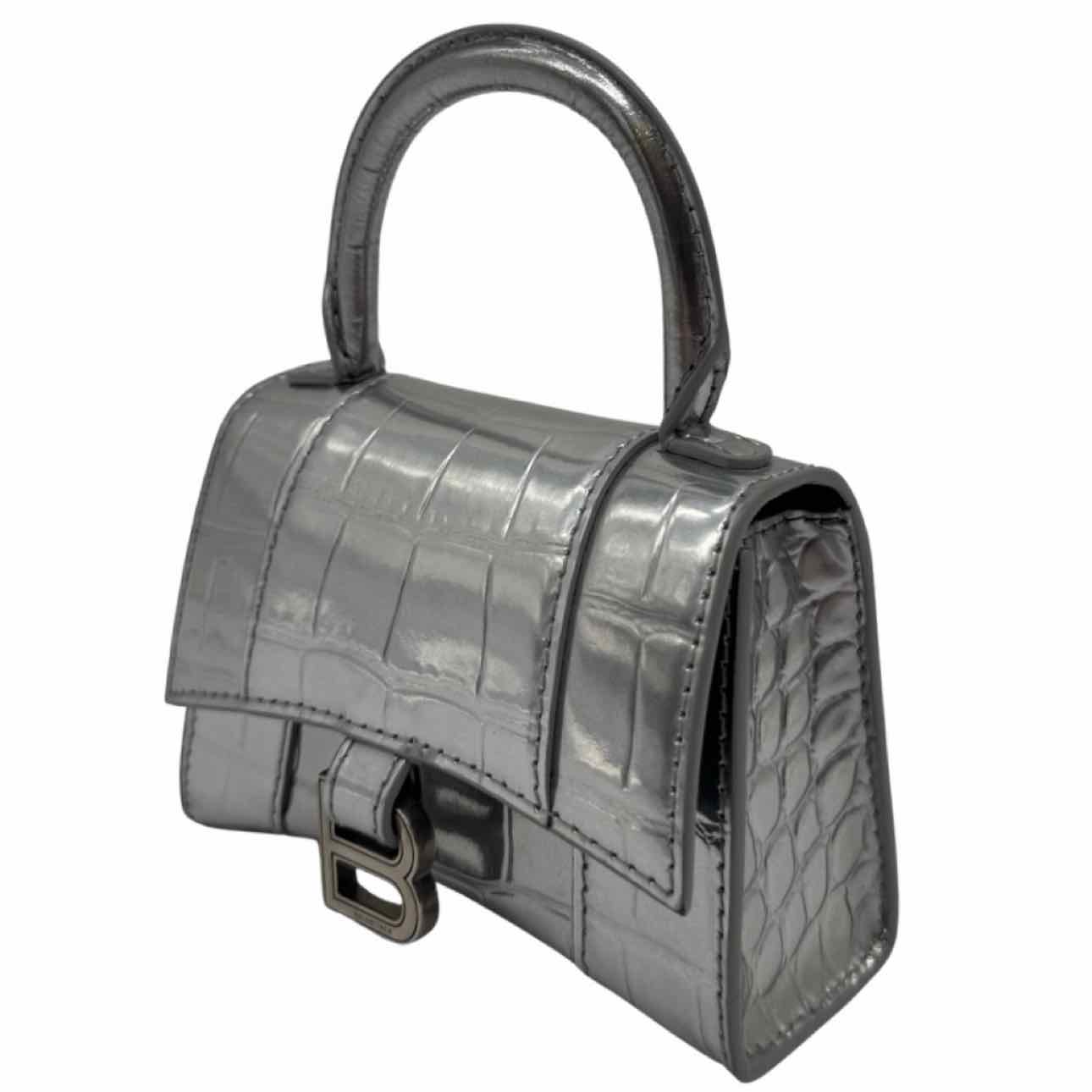 BALENCIAGA Leather Hourglass XS Top Handle Silver
