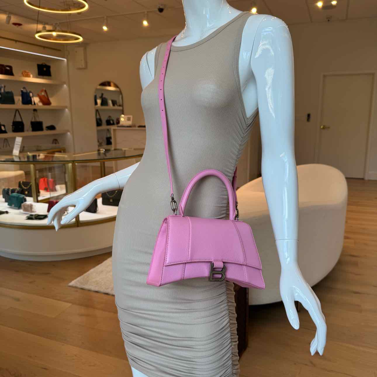 BALENCIAGA Leather Top Handle Hourglass Small Bag Pink