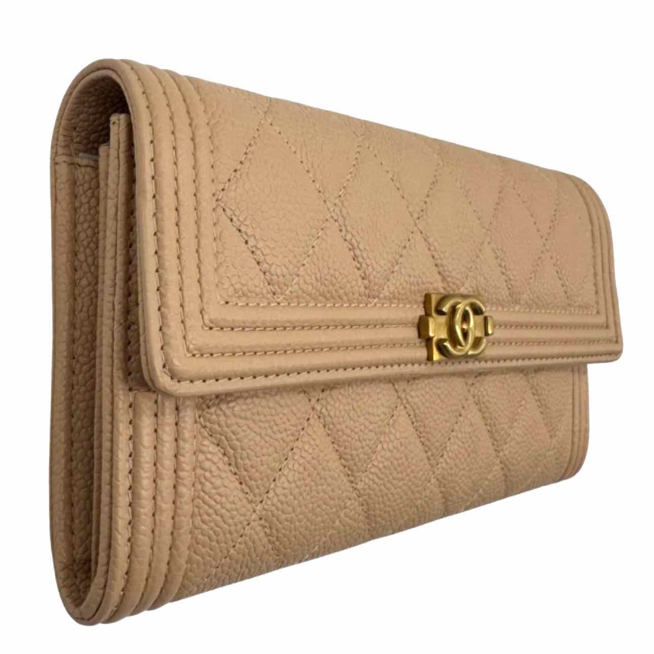 CHANEL Calfskin Matelasse Long Boy Flap Wallet Beige
