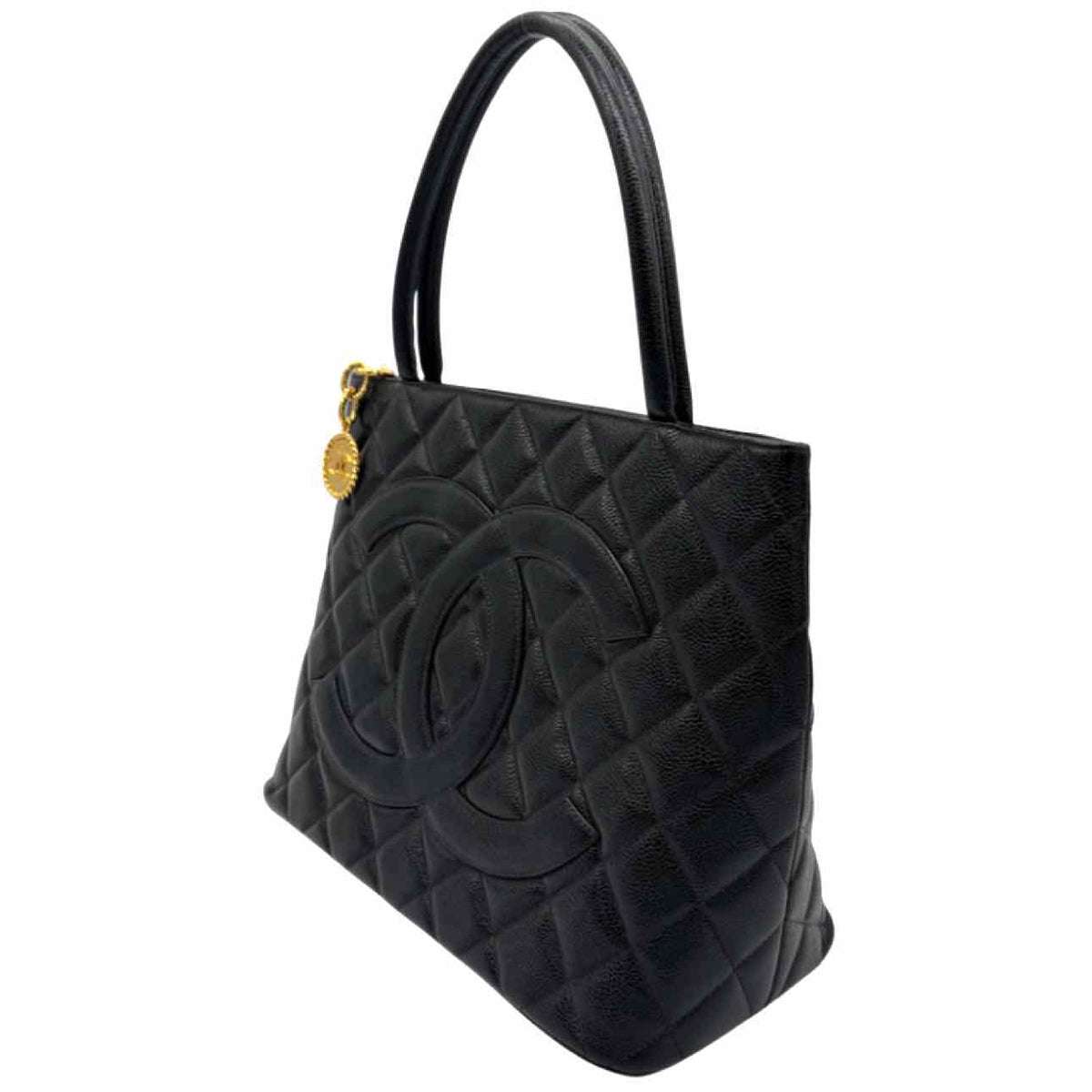 CHANEL Caviar Leather Medallion Tote Black Gold HW