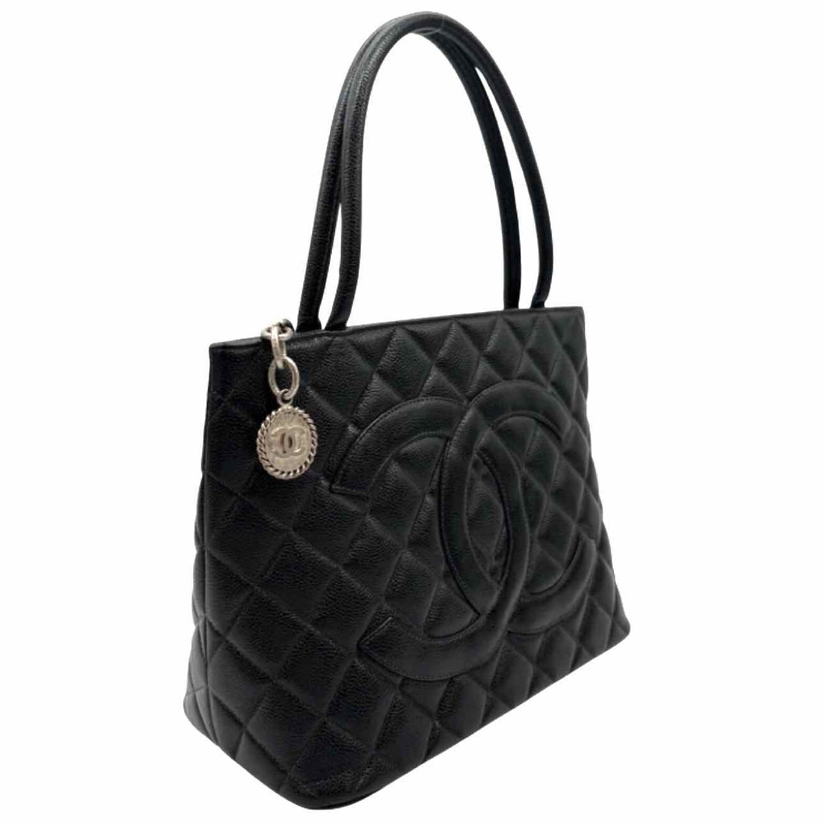 CHANEL Caviar Leather Medallion Tote Black Silver HW