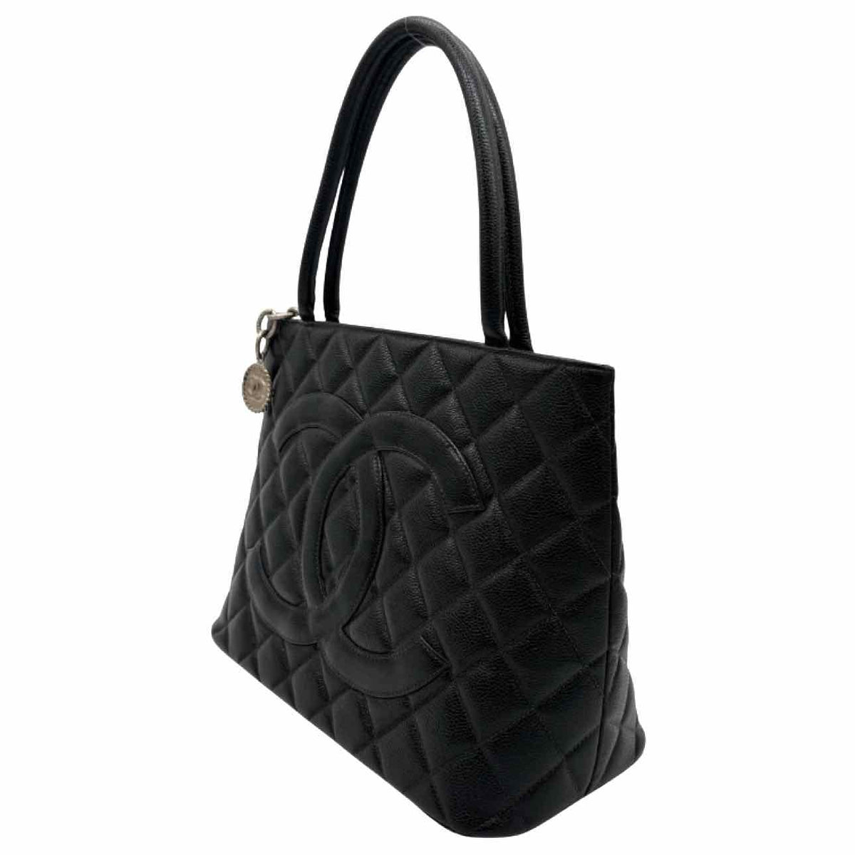CHANEL Caviar Leather Medallion Tote Black Silver HW