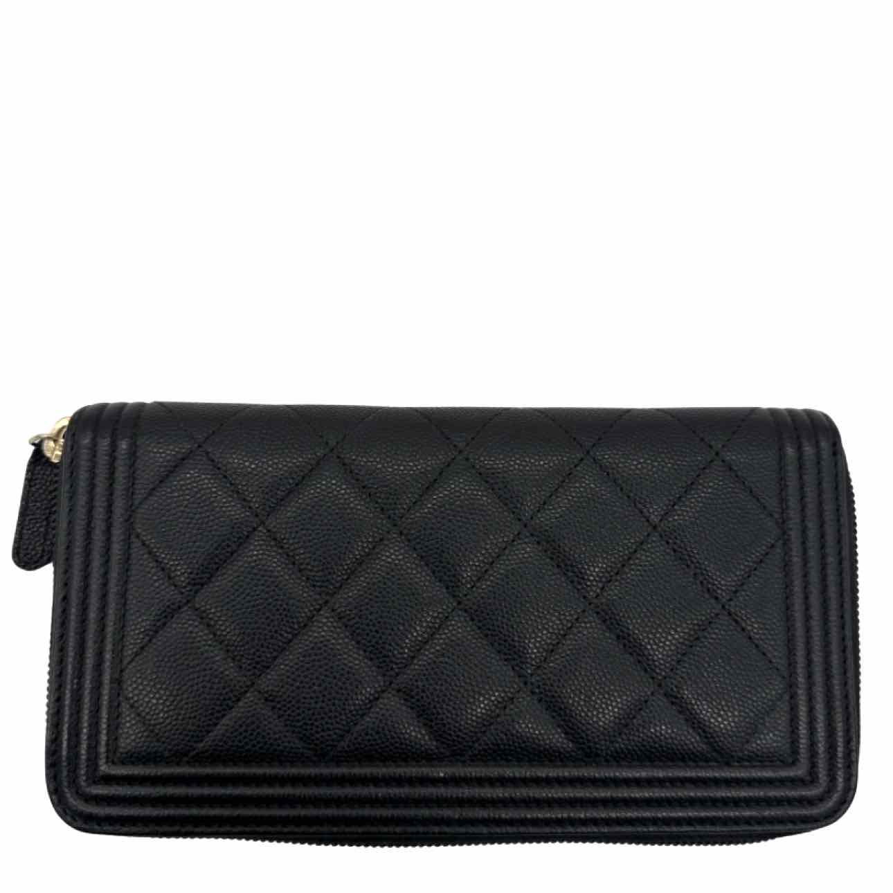 CHANEL Caviar Matelasse Long Zip Around Boy Wallet Black