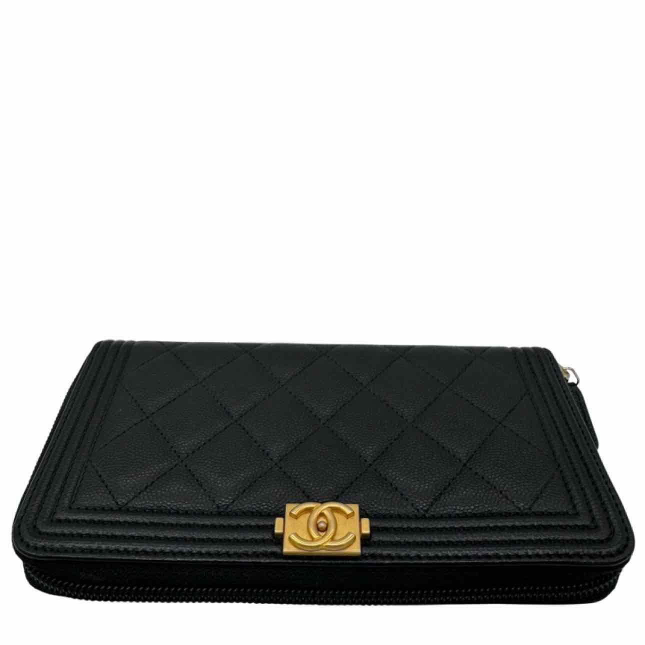 CHANEL Caviar Matelasse Long Zip Around Boy Wallet Black