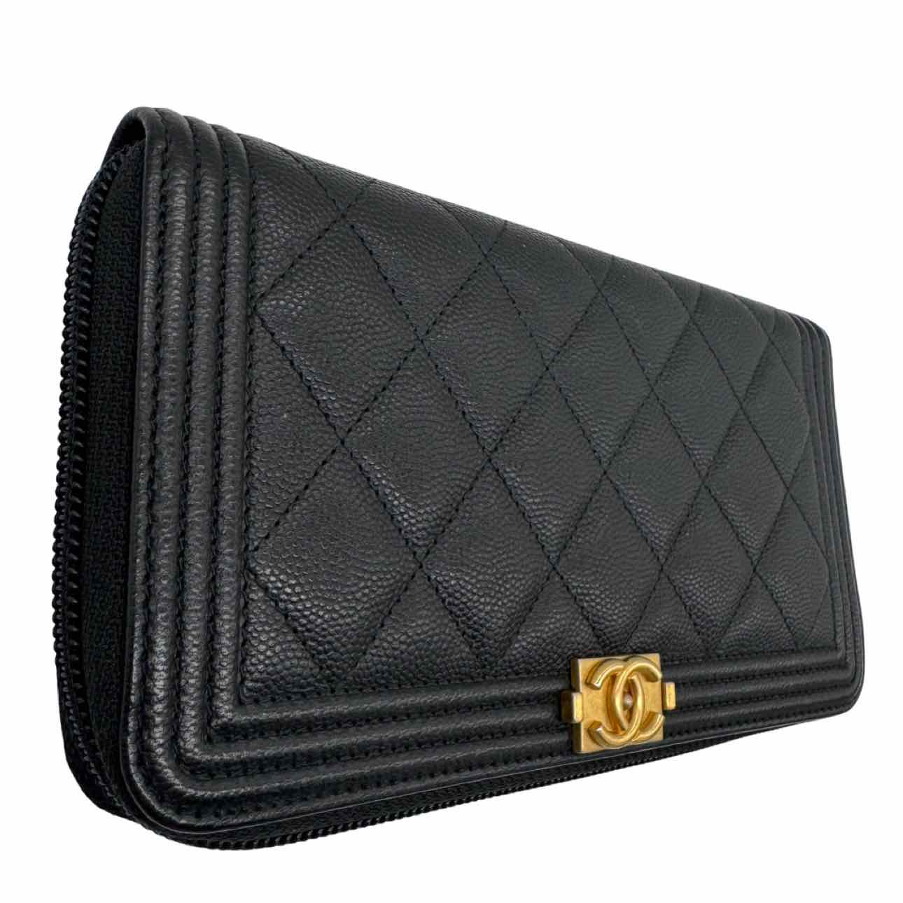CHANEL Caviar Matelasse Long Zip Around Boy Wallet Black