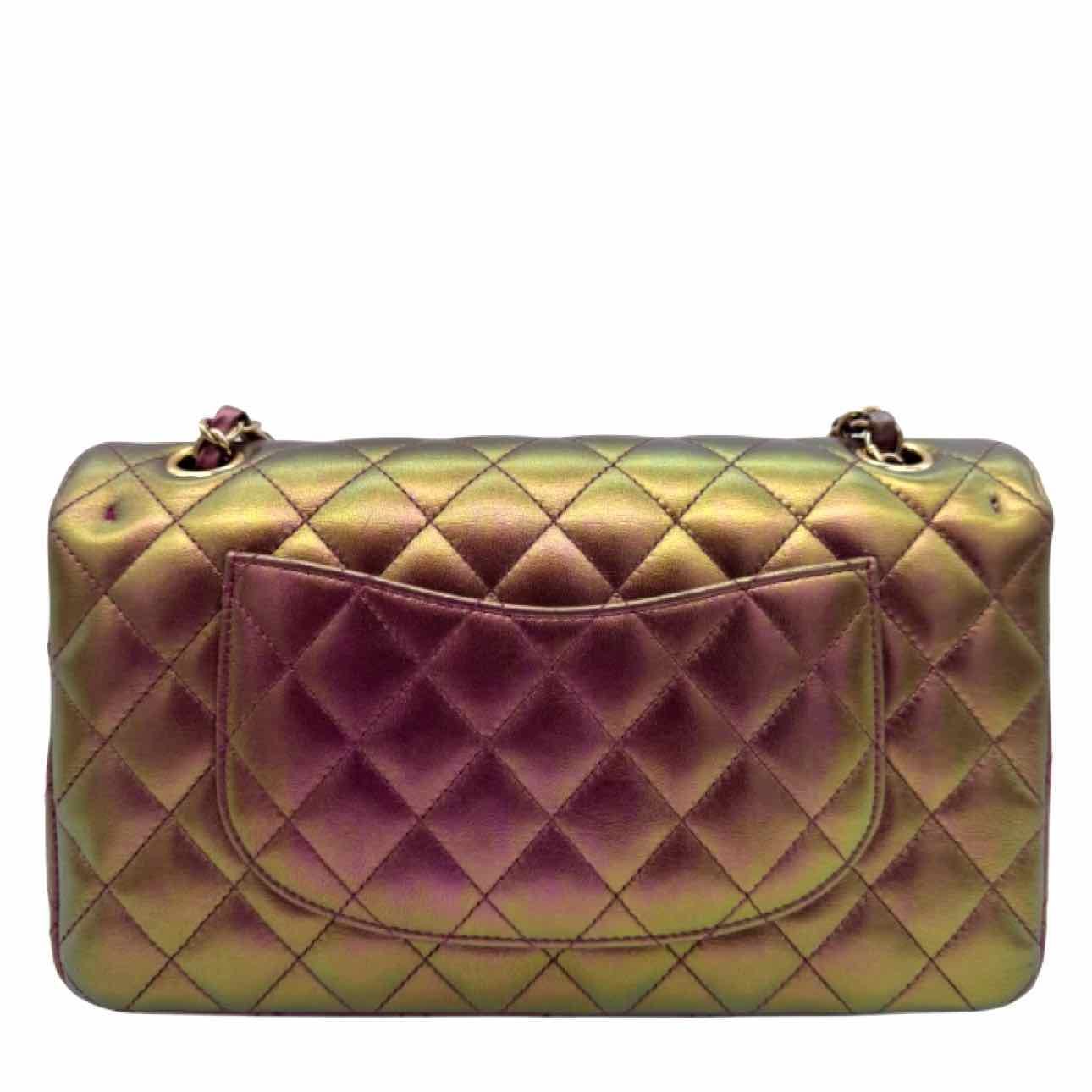 CHANEL Iridescent Lambskin Medium Double Flap Purple
