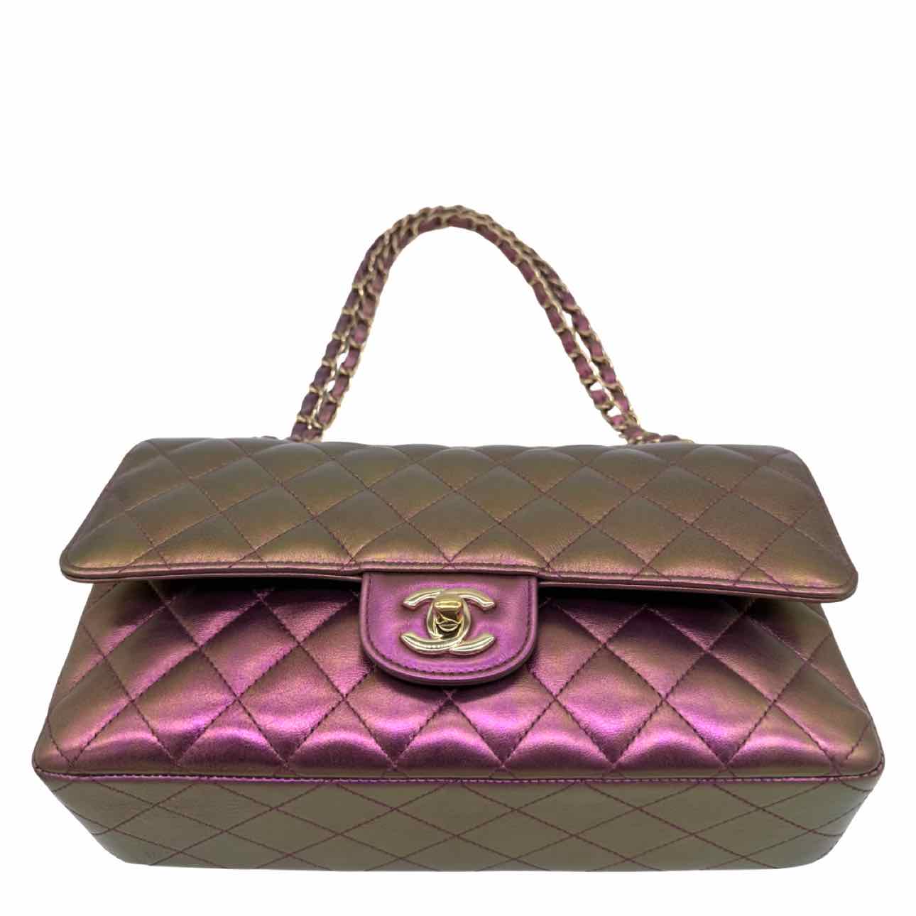 CHANEL Iridescent Lambskin Medium Double Flap Purple