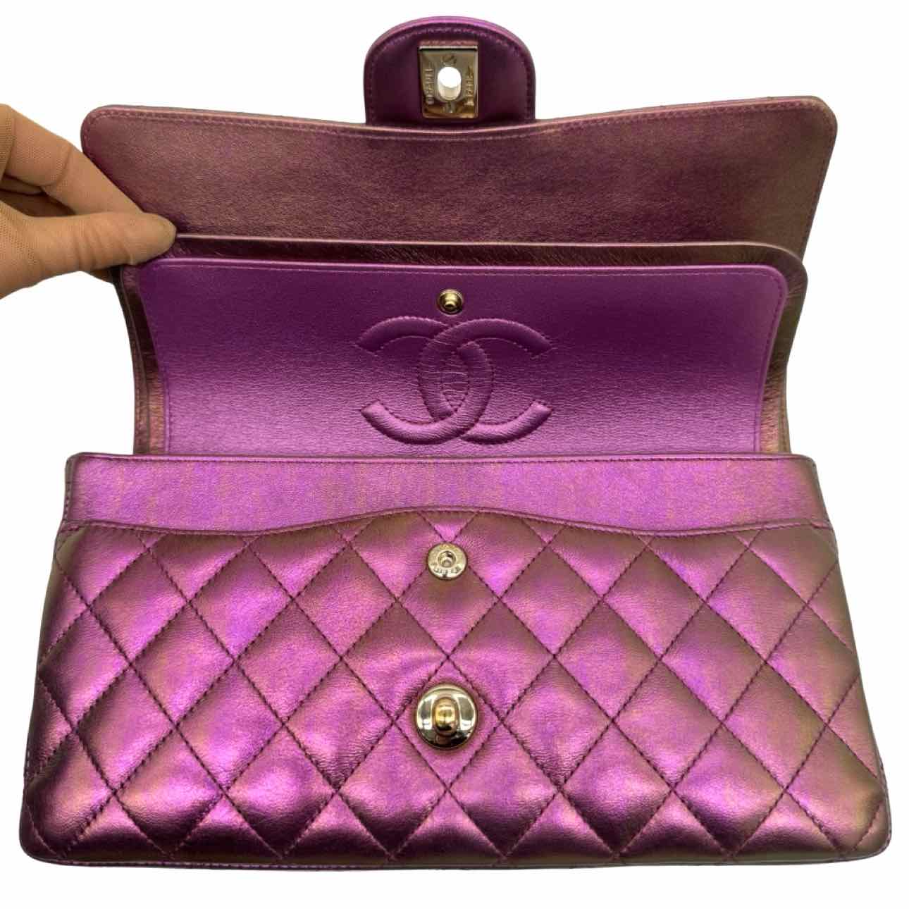 CHANEL Iridescent Lambskin Medium Double Flap Purple