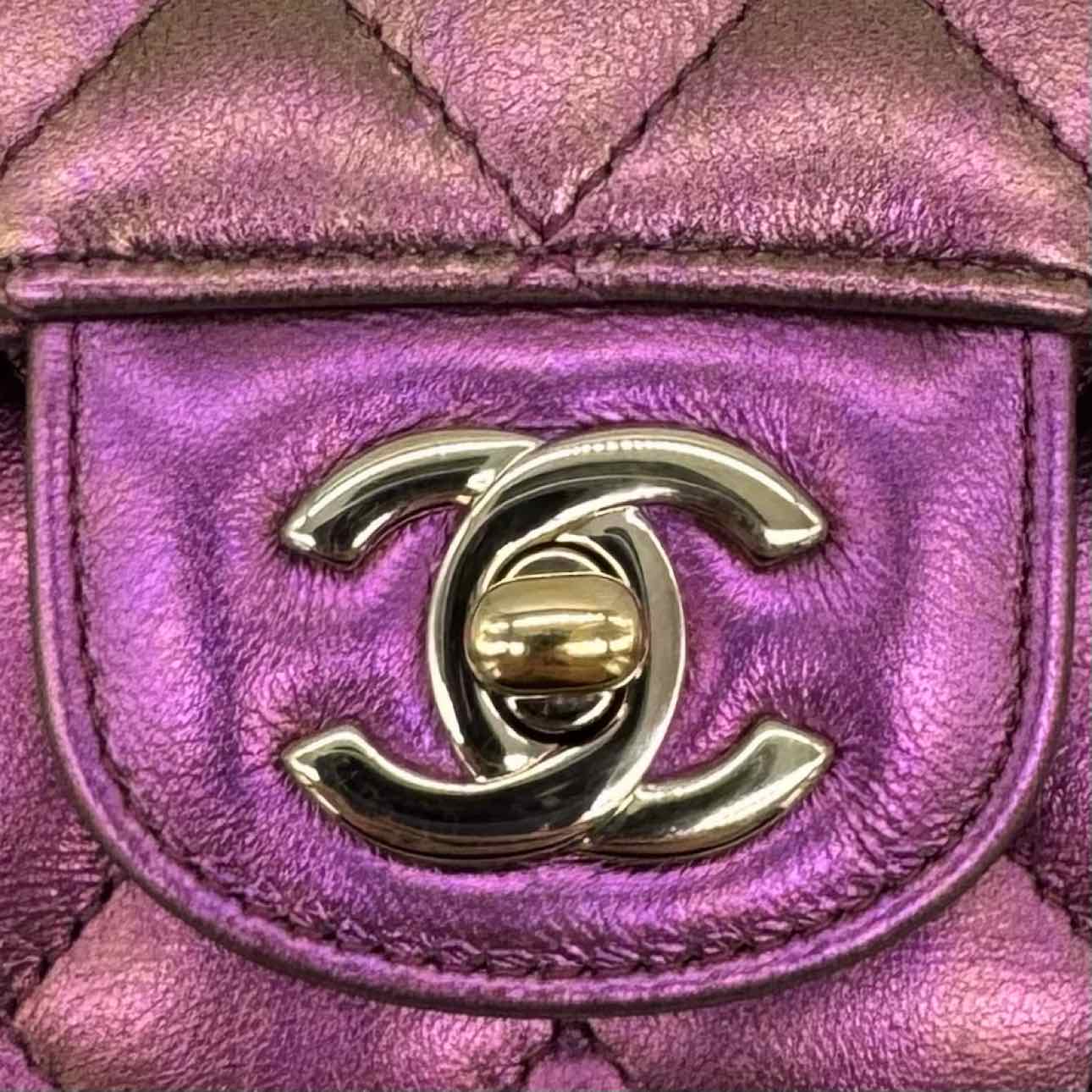 CHANEL Iridescent Lambskin Medium Double Flap Purple