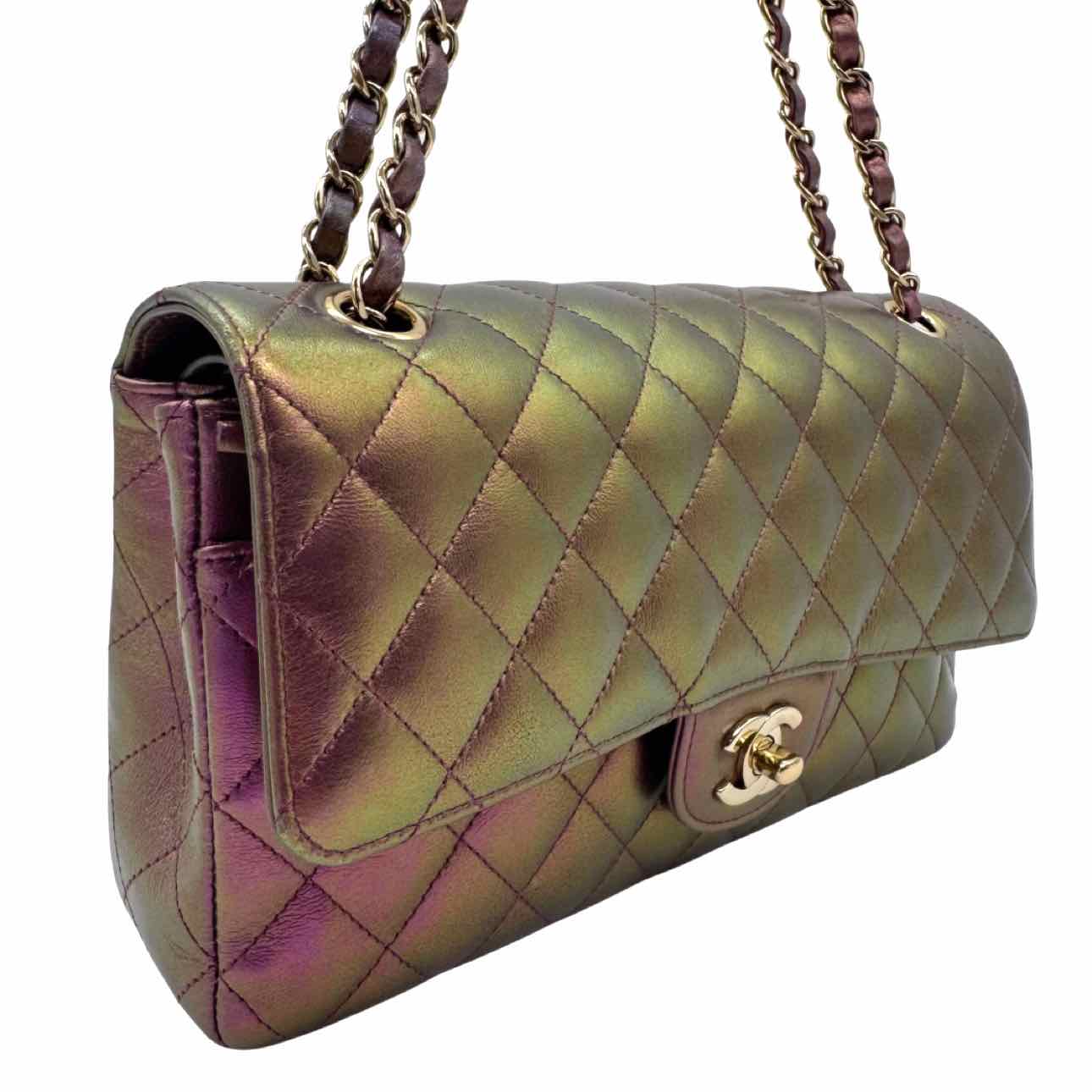 CHANEL Iridescent Lambskin Medium Double Flap Purple