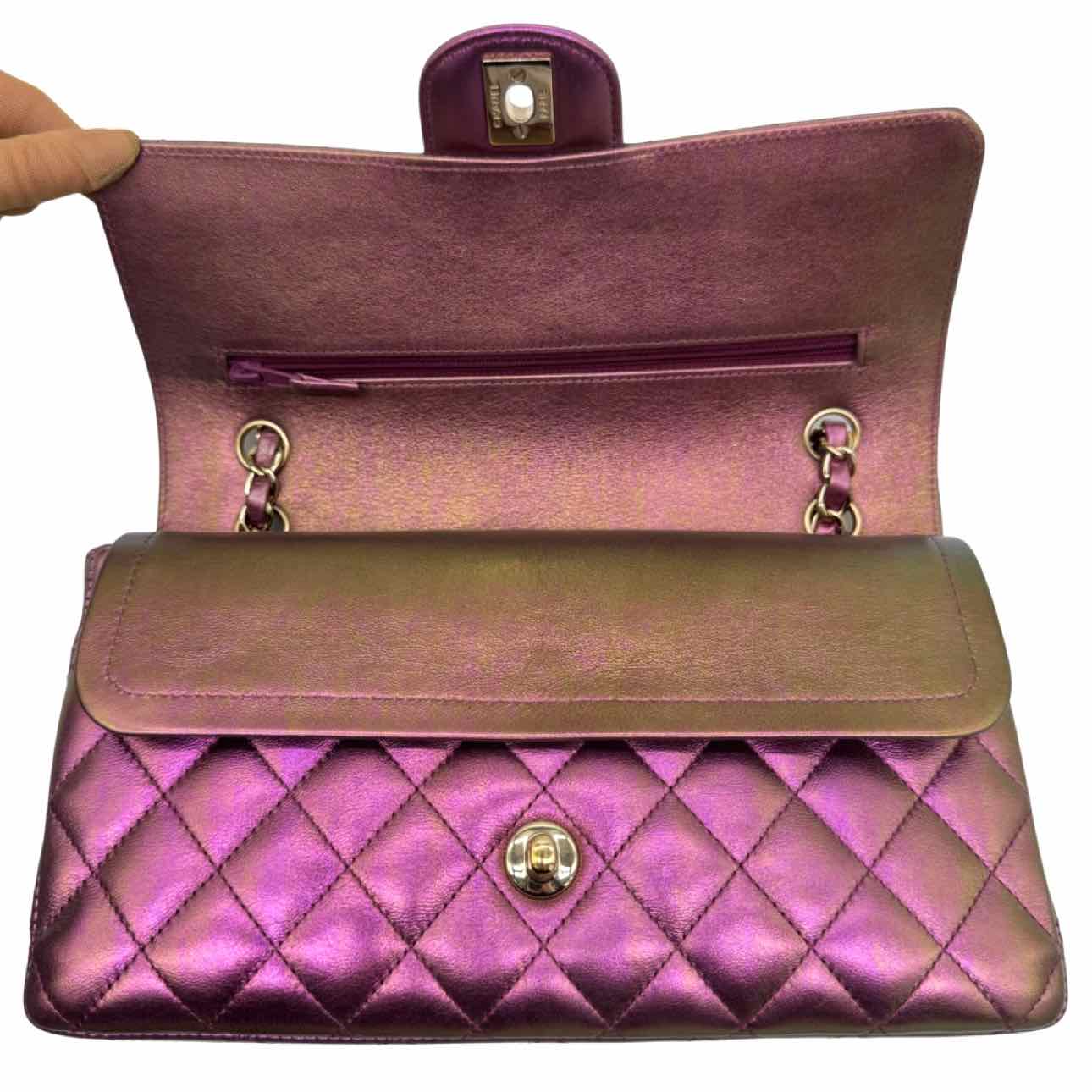 CHANEL Iridescent Lambskin Medium Double Flap Purple