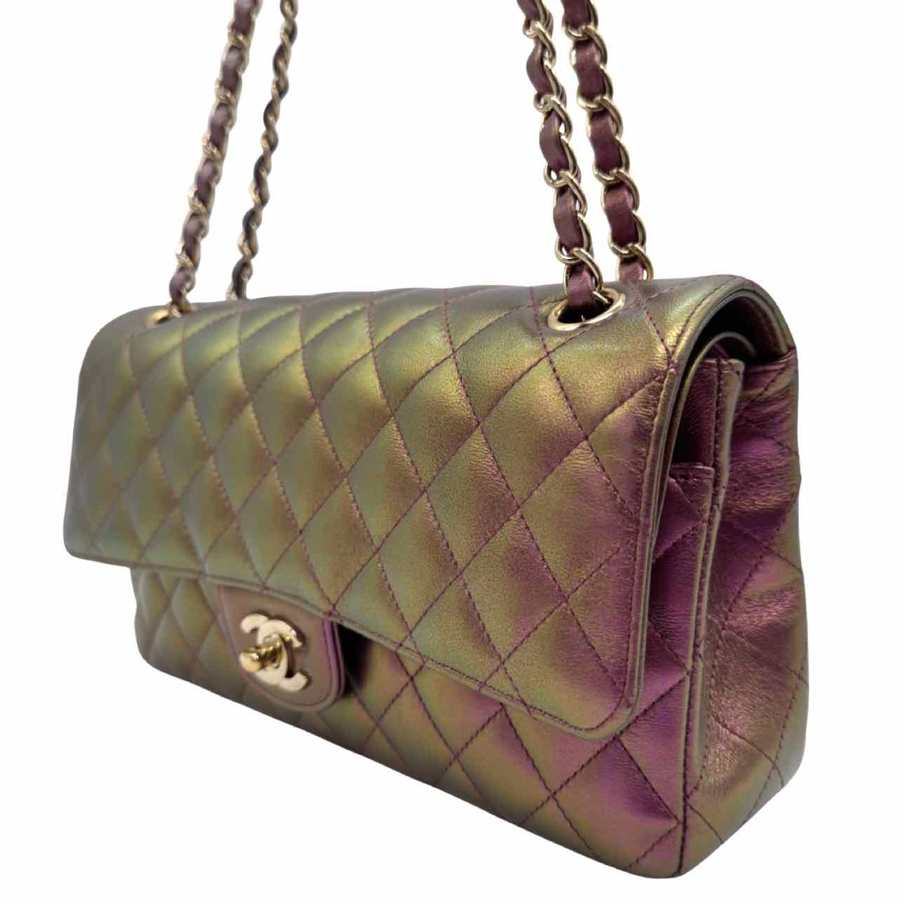 CHANEL Iridescent Lambskin Medium Double Flap Purple