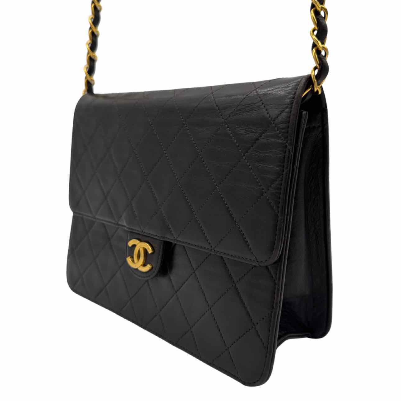 CHANEL Lambskin Flap Push Lock Shoulder Bag Black