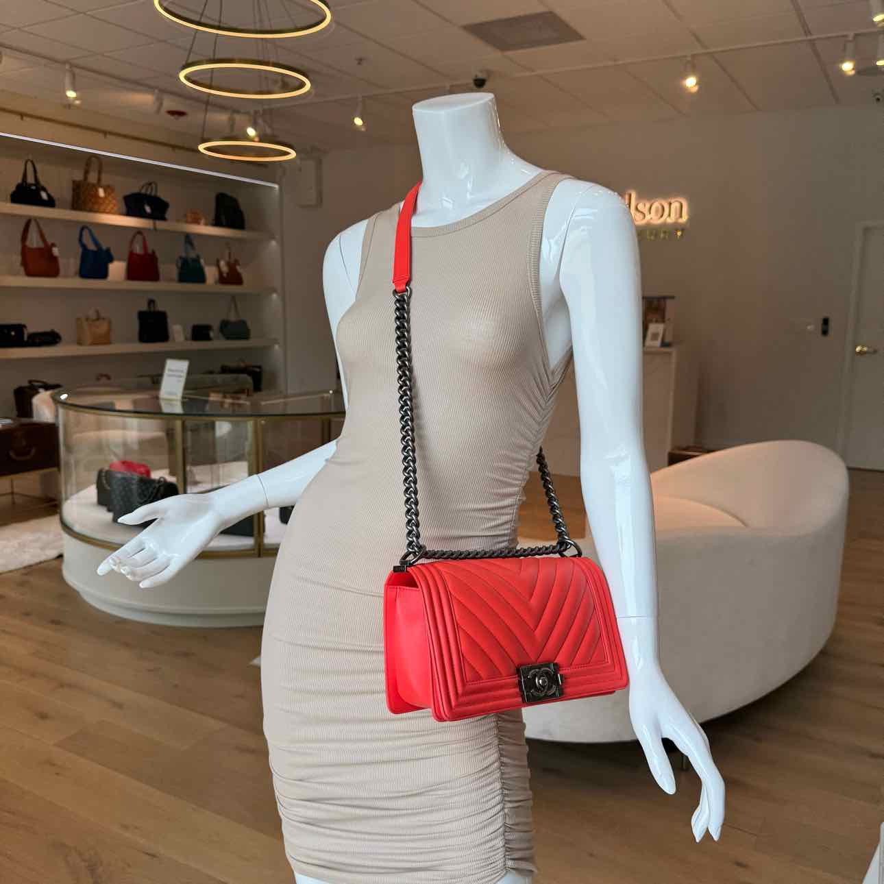 CHANEL Medium Chevron Boy Bag Scarlet