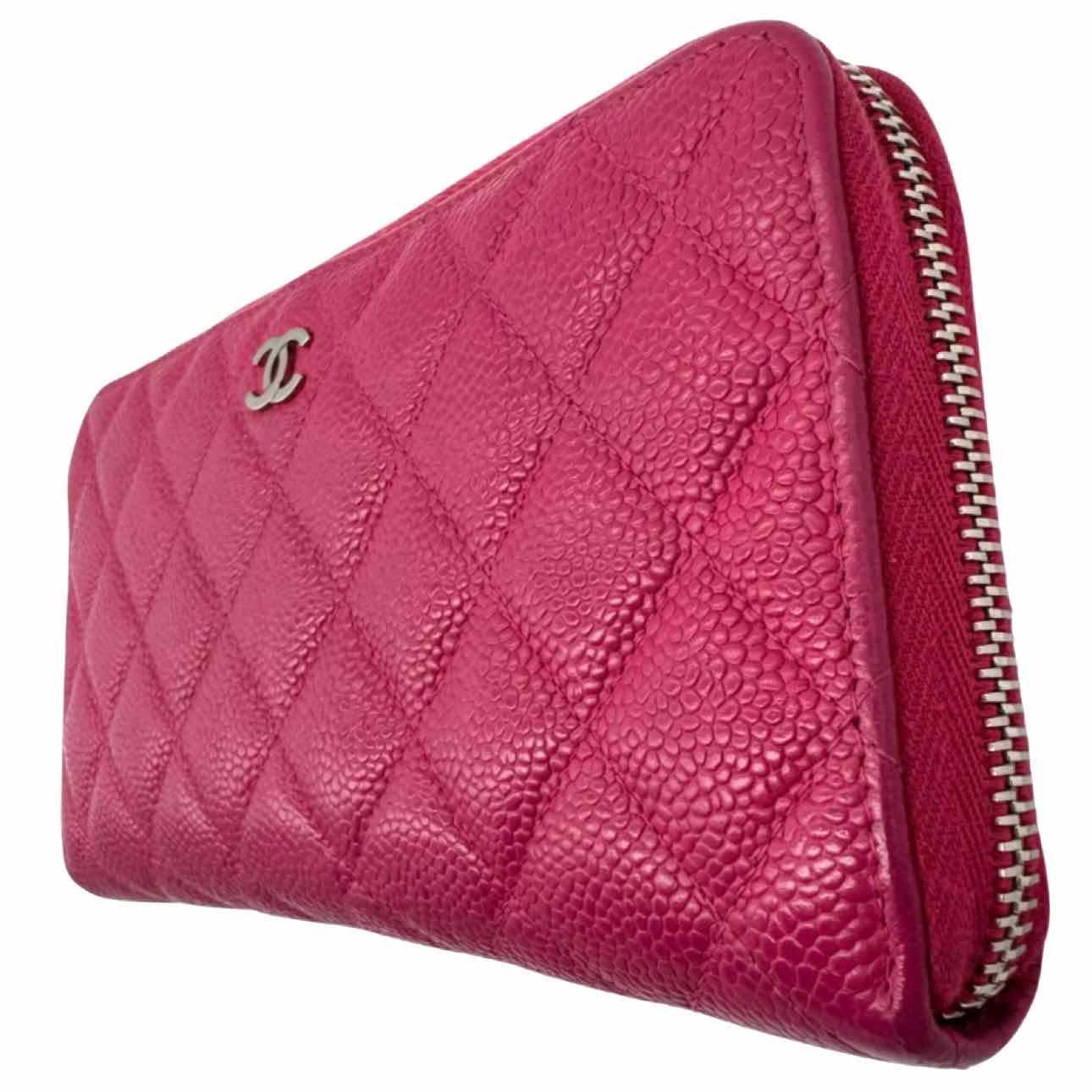 CHANEL Quilted Caviar L-Gusset Zip Wallet Pink