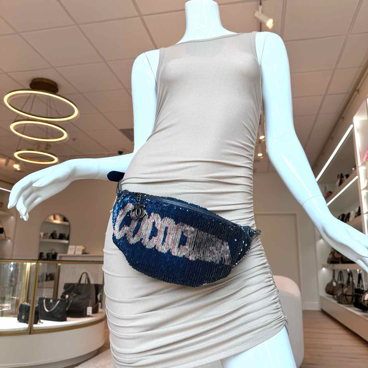 CHANEL Sequin Coco Cuba Belt Bag Blue/Pink - Kent & Hudson