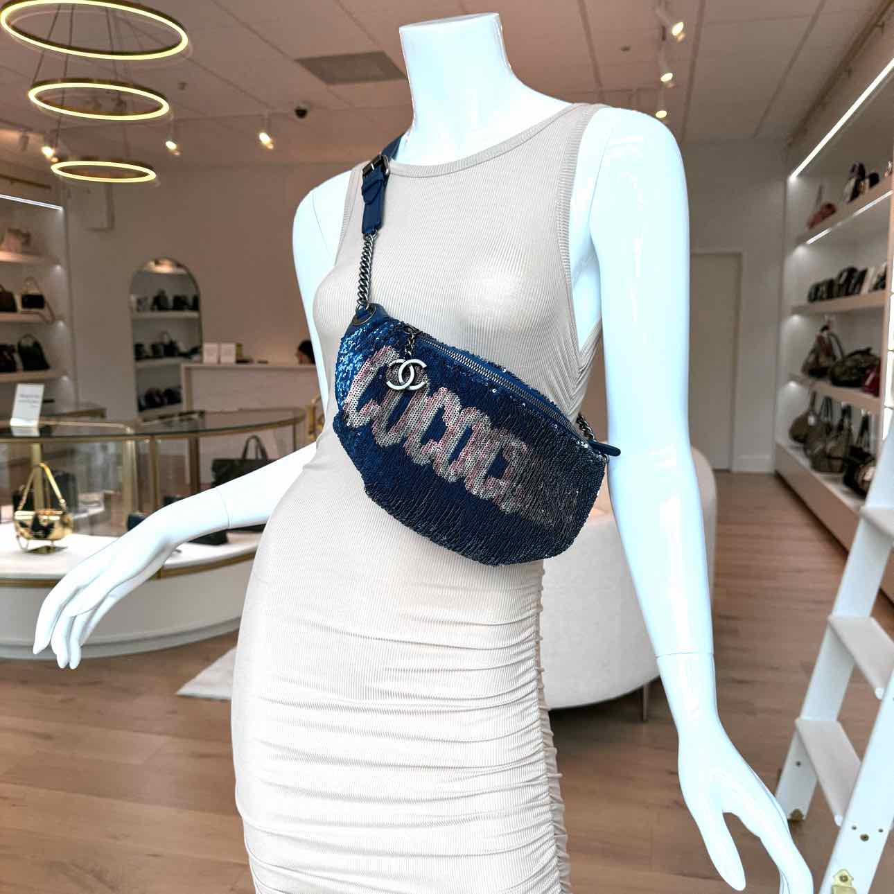 CHANEL Sequin Coco Cuba Belt Bag Blue/Pink