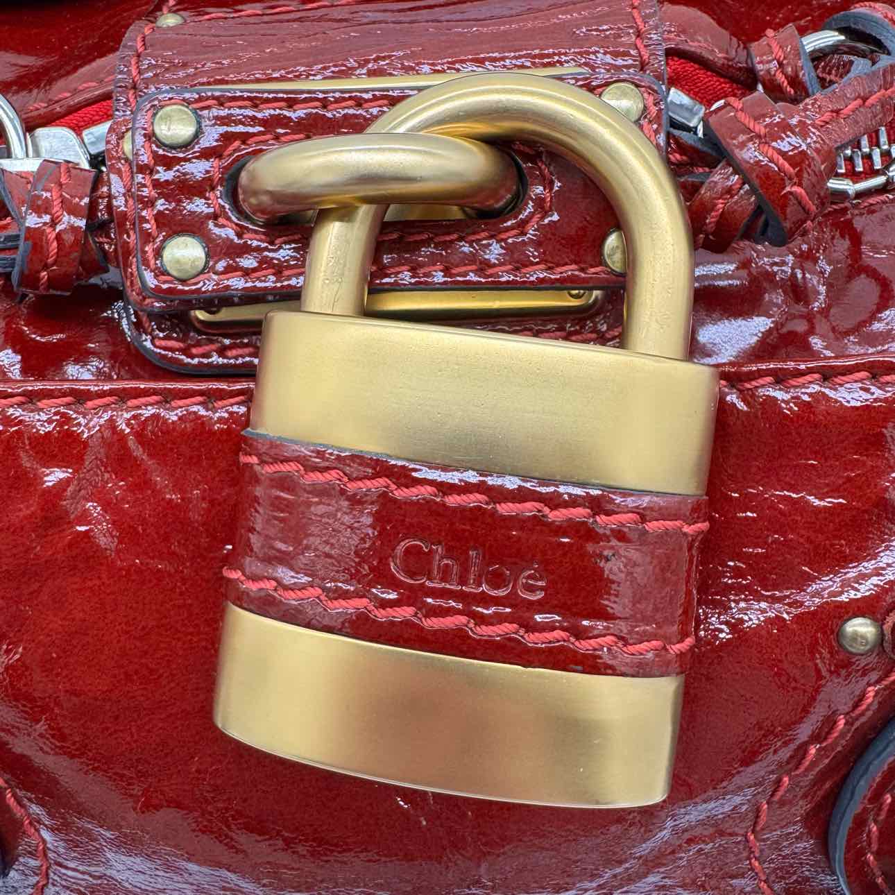 CHLOE Patent Leather Paddington Satchel Red