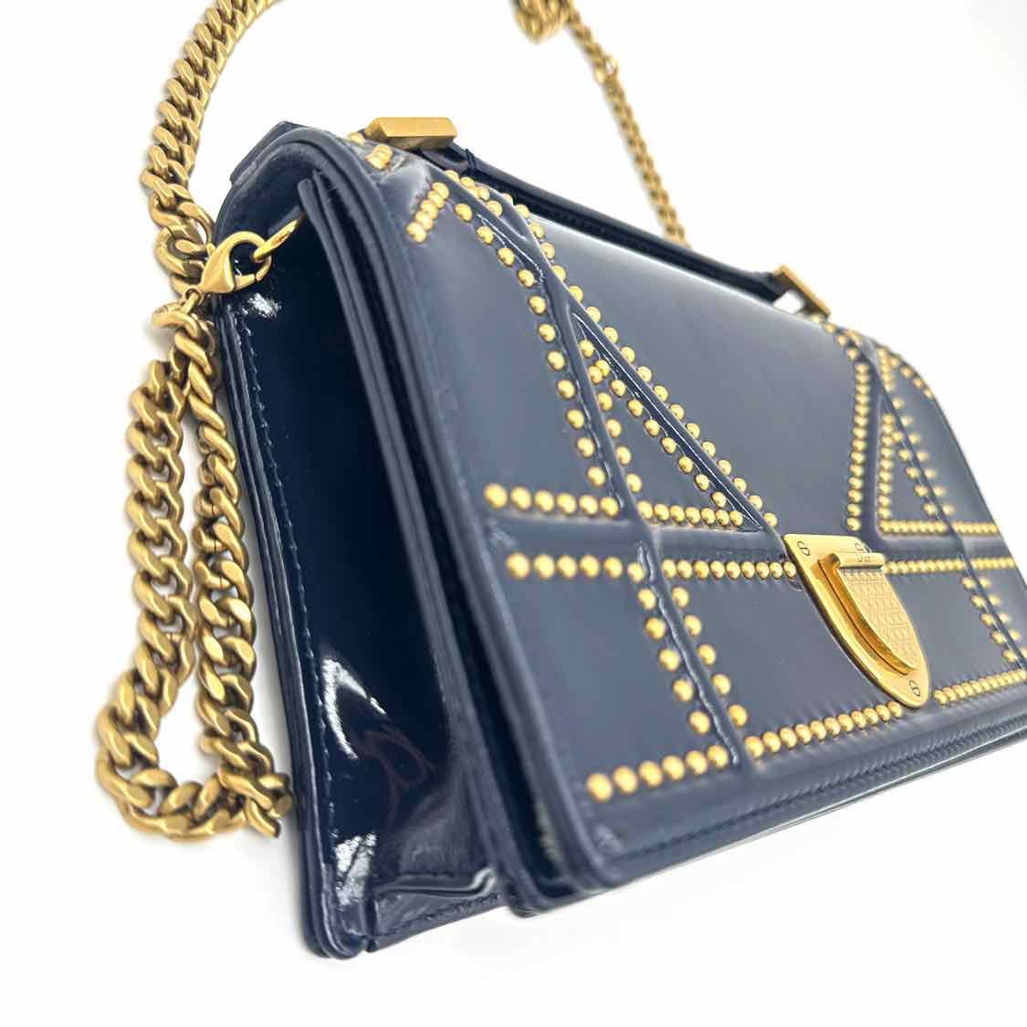 DIOR Patent Leather Studded Diorama Wallet On Chain