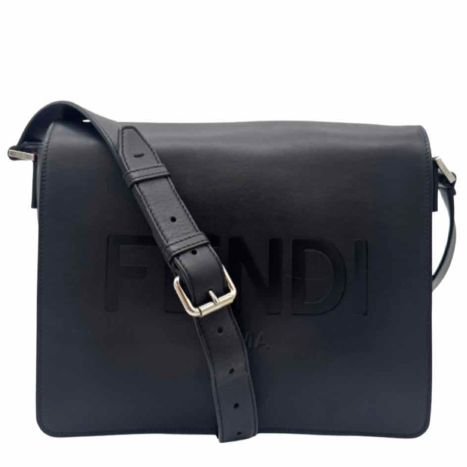 FENDI Calfskin Debossed Classic Logo Messenger Bag Black