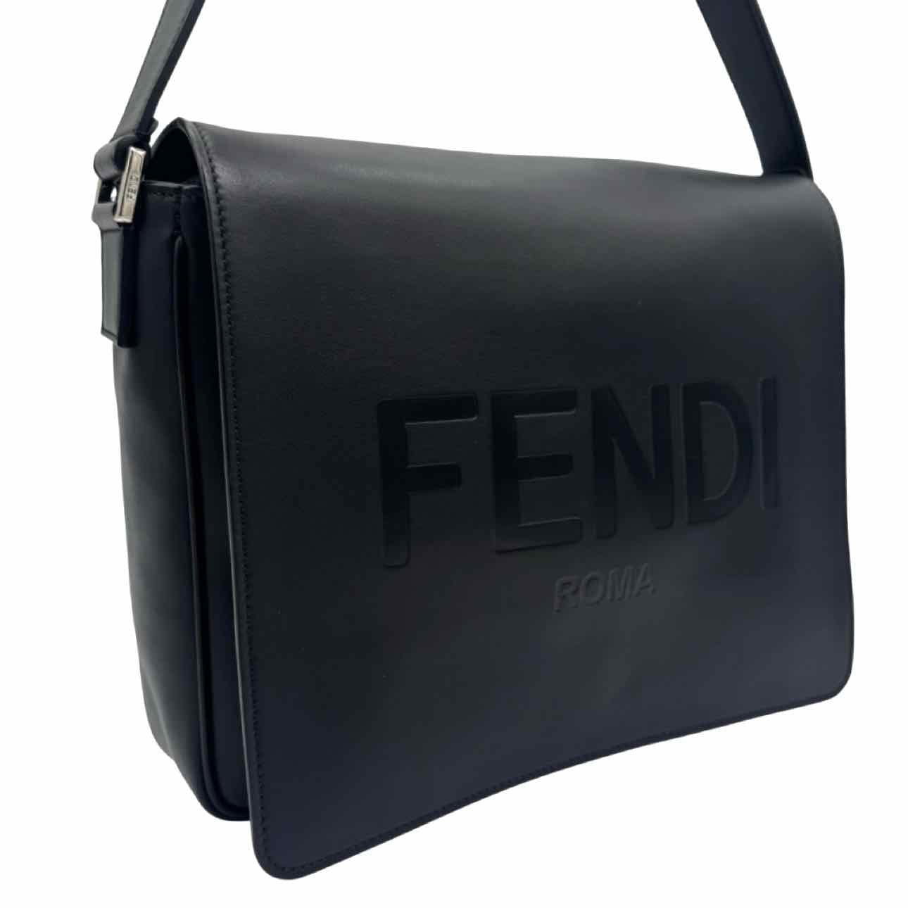 FENDI Calfskin Debossed Classic Logo Messenger Bag Black